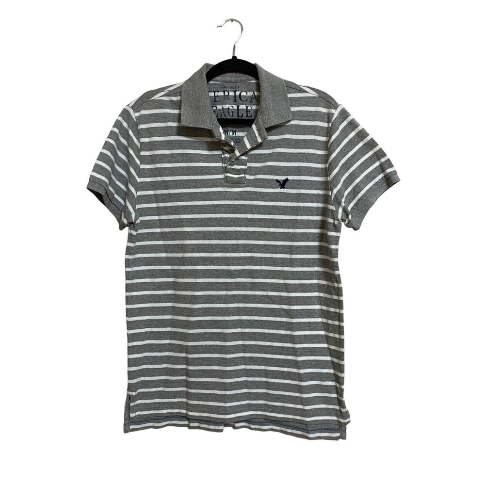American Eagle Polo Shirt M Gray White Striped Athletic Fit Cotton Preppy
